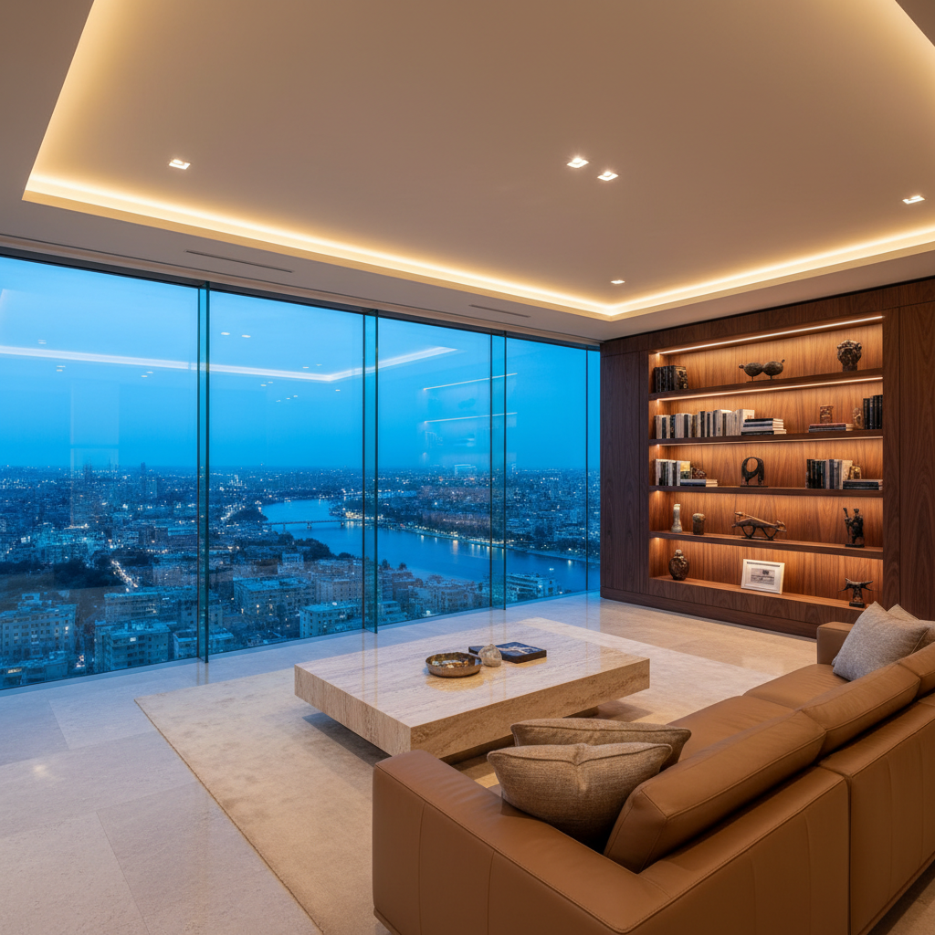 A refined, open-plan living space inside a luxury Cairo apartment, with floor‑to‑ceiling windows revealing a distant view of the Nile and city lights at dusk. The room showcases a low-profile Italian leather sectional in warm taupe, a polished travertine coffee table, and built-in shelving in rich walnut with integrated, hidden lighting. Soft, warm recessed ceiling lights and subtle indirect cove lighting create layers of illumination, complemented by the cool blue glow of the evening sky. Shot at eye level with a wide-angle lens for spaciousness, the composition emphasizes clean lines, premium finishes, and photographic realism, conveying a serene, ultra-modern yet inviting atmosphere for high-end property rentals.