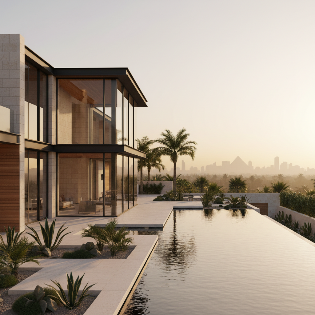 An ultra-luxury contemporary villa in Cairo, featuring expansive floor‑to‑ceiling glass walls framed in matte black steel, overlooking a perfectly manicured pool terrace. The exterior blends creamy limestone, warm wood slats, and textured concrete, set within lush palm landscaping and sculpted desert plants. Soft golden hour sunlight bathes the façade, reflecting off the tranquil pool and casting long, elegant shadows. In the distance, subtle silhouettes of Cairo’s skyline and faint Giza plateau contours anchor the setting. Photographed from a slightly elevated angle with sharp focus throughout, rule-of-thirds composition, and photographic realism, the mood is sophisticated, calm, and aspirational, ideal as a hero image for a luxury real estate brand.