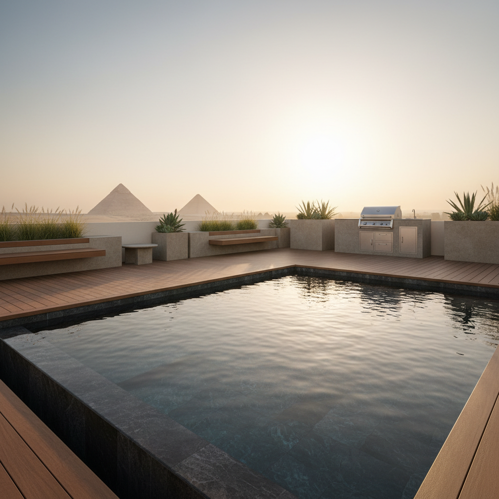 An elegant rooftop terrace of a luxury Giza penthouse, featuring an infinity plunge pool clad in dark stone, aligning visually with the horizon where the Giza Pyramids sit subtly in the distance. The deck is finished in smooth teak, with built-in bench seating, oversized stone planters with native grasses, and a refined outdoor kitchen in brushed stainless steel. Late afternoon sunlight creates a warm, golden ambiance with soft highlights on the water’s surface. Captured from a low, corner angle to emphasize the pool edge and distant landmarks, the photograph has crisp detail and a sophisticated, resort-like mood, perfectly suited to showcase exclusive long-term letting opportunities.