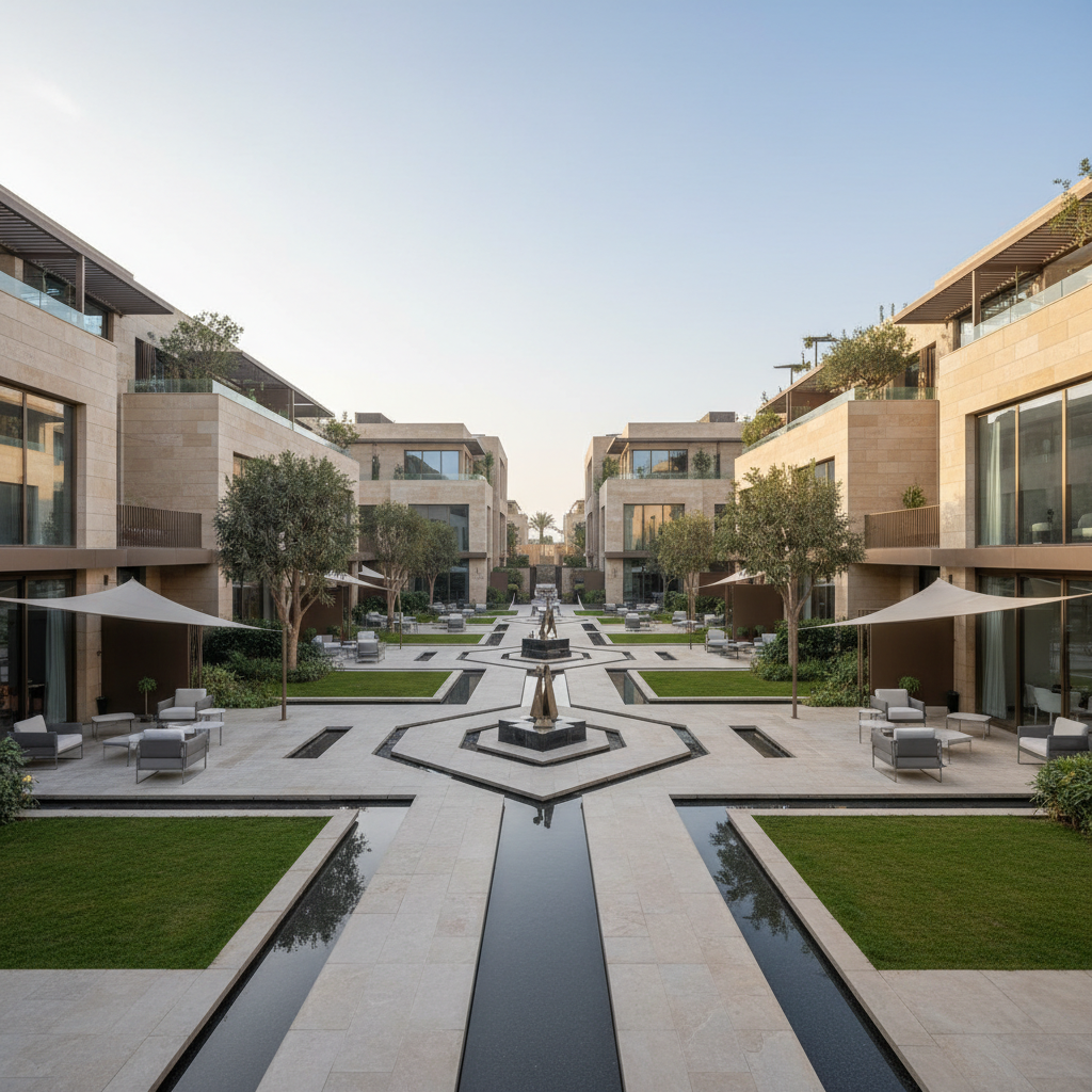 A high-end co-working and residential hybrid space designed for land-sharing development in New Cairo, showing a meticulously landscaped communal courtyard. Geometric concrete pavers intersect with lush green lawns, reflective water features, and shaded outdoor lounges furnished with minimalist, weather-resistant seating. The surrounding low-rise buildings use a palette of sand-colored stone, glass, and bronze accents, with terraces and rooftop gardens visible. Soft morning sunlight filters through strategically planted trees, creating dappled patterns on the ground. Photographed from a slightly elevated vantage point with strong leading lines, the image is realistic, clean, and forward-looking, evoking a sense of community, privacy, and innovative urban luxury living.